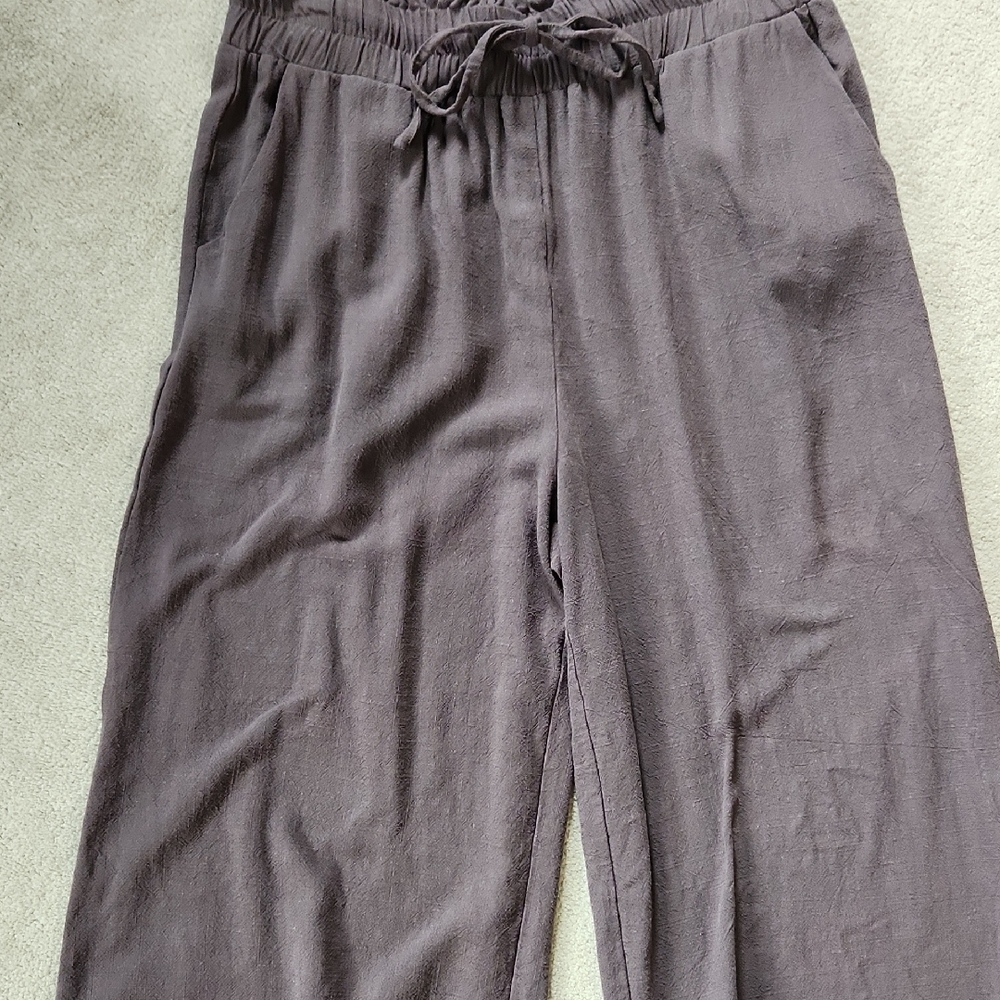 Women Linen Pants Casual Loose High Waist Boho Wide Leg Cropped -Large